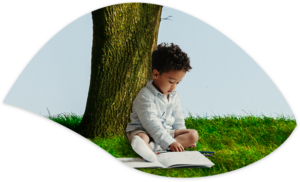 boy reading under tree